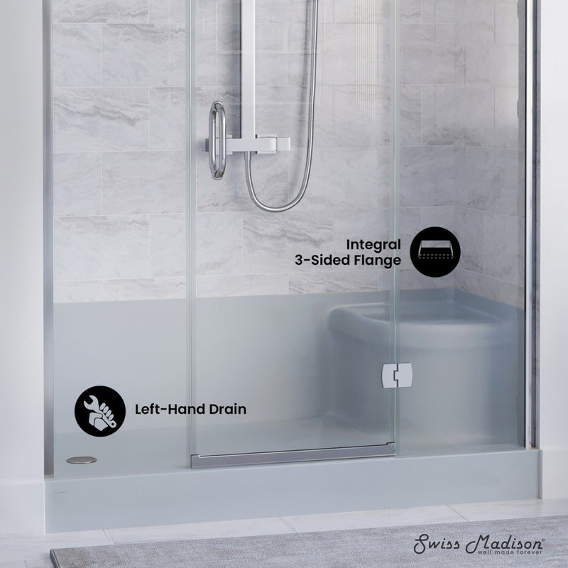 Aquatique 60" x 32" Single Threshold Shower Base With Left Hand Drain and Integral Right Hand Seat in Gray