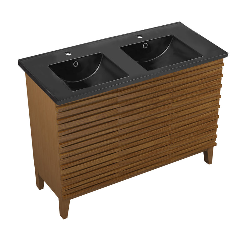 Cascade 48 in. Brown Oak, Double Basin Bathroom Vanity With Black Ceramic Sink Top