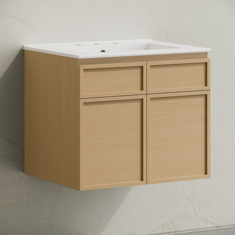 St. Tropez 24" Wall-Mounted Bathroom Vanity in Natural Oak with 3-Hole Widespread Sink Top