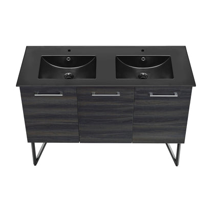 Annecy 48 in. Black Walnut, Double Basin Bathroom Vanity With Black Ceramic Sink Top