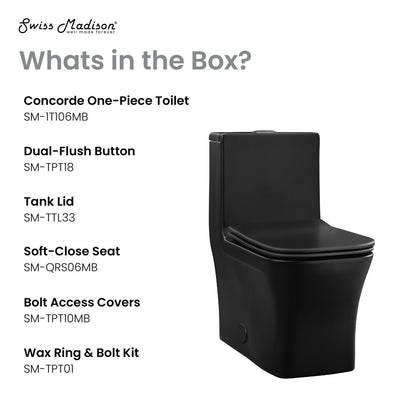 Elongated one-piece matte black toilet with dual top flush and soft-close seat.