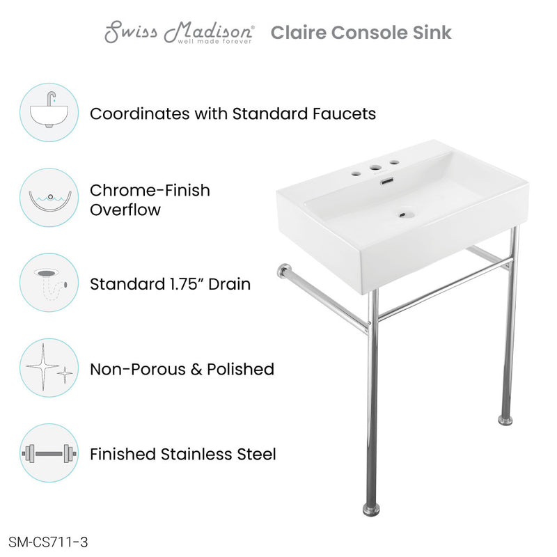 Claire 24" Console Sink White Basin Chrome Legs with 8" Widespread Holes