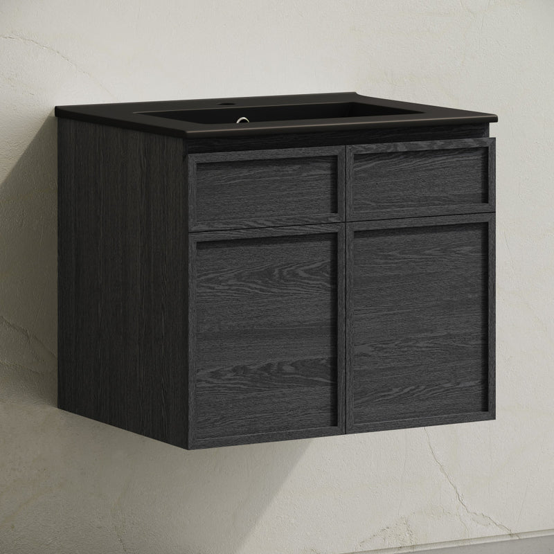St. Tropez 24" Wall-Mounted Bathroom Vanity in Black Oak with Black Sink Top