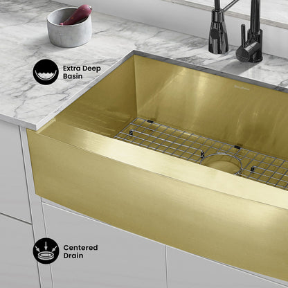 Rivage 30 x 21 Stainless Steel, Single Basin, Farmhouse Kitchen Sink with Apron in Gold