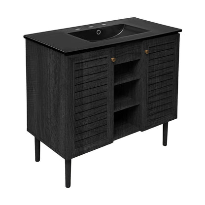 Bron 36" Freestanding Bathroom Vanity in Black Oak with Black 3-Hole Widespread Sink Top