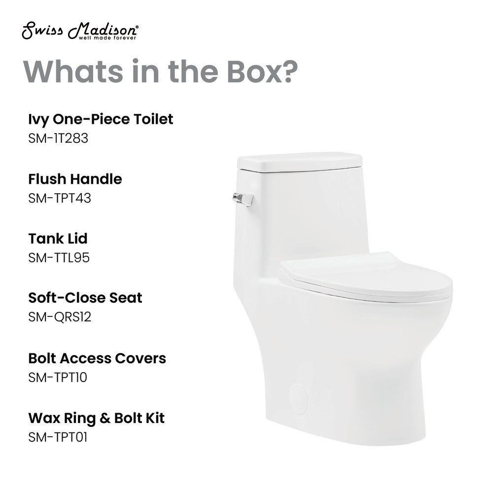 Elongated one-piece toilet with left side flush and soft-close seat, 1.28 gallons per flush.