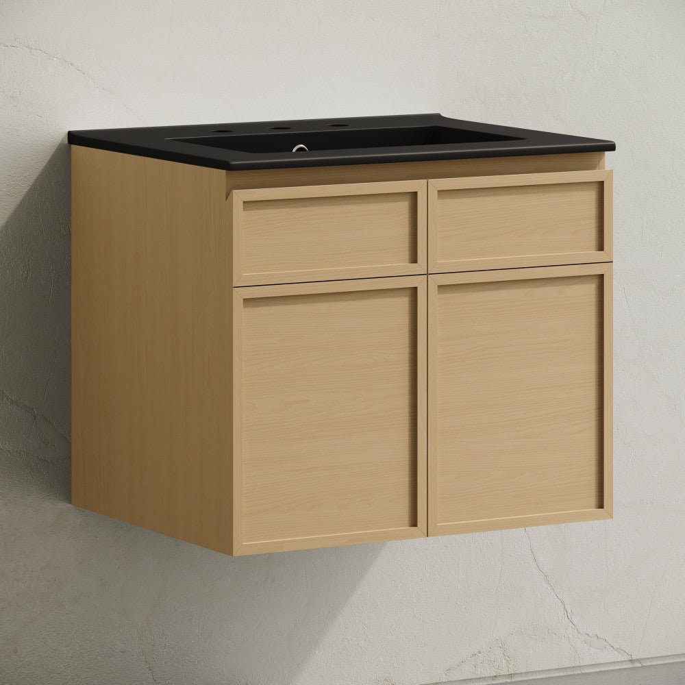 St. Tropez 24" Wall-Mounted Bathroom Vanity in Natural Oak with Black 3-Hole Centerset Sink Top