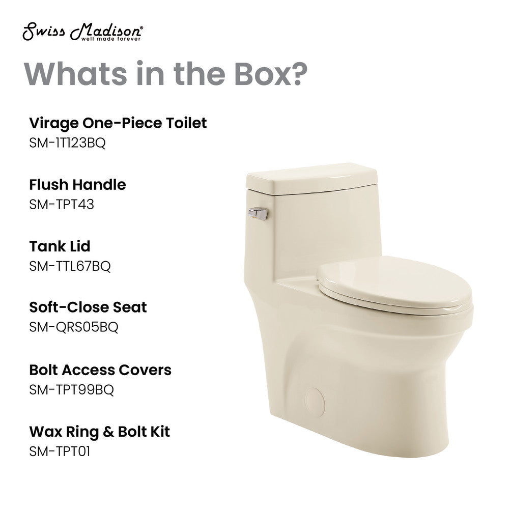 Elongated one-piece toilet in bisque with left side flush handle and soft-close seat.