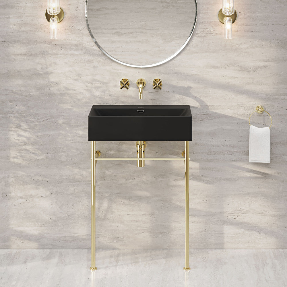 Claire 24" Rectangle Matte Black Zero Hole Console Sink with Glossy Gold Legs