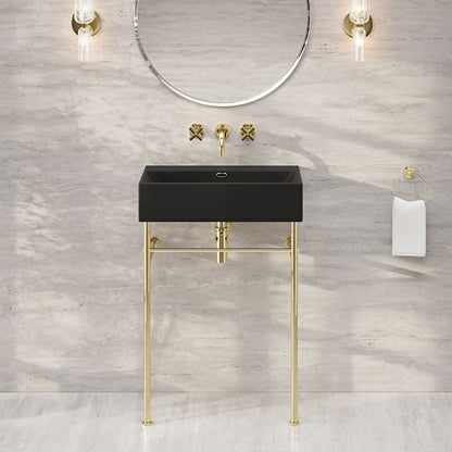 Claire 24" Rectangle Matte Black Zero Hole Console Sink with Glossy Gold Legs
