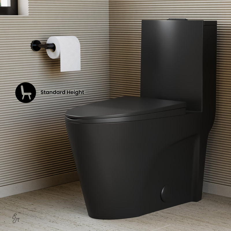 St. Tropez One Piece Elongated Toilet Dual Vortex™ Flush in Matte Black, Black Hardware 1.1/1.6 gpf