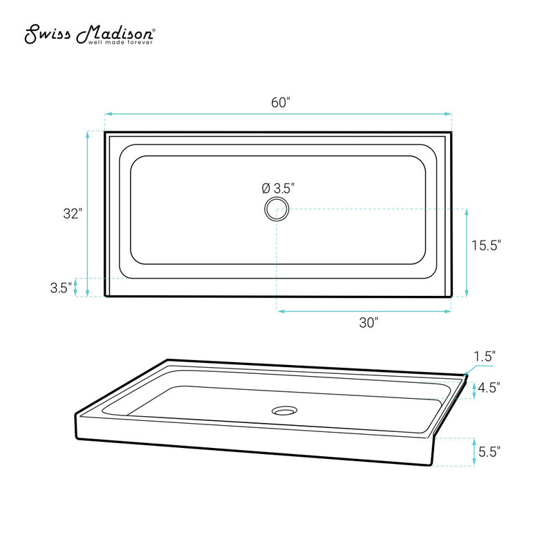 Voltaire 60" x 32" Acrylic White, Single-Threshold, Center Drain, Shower Base