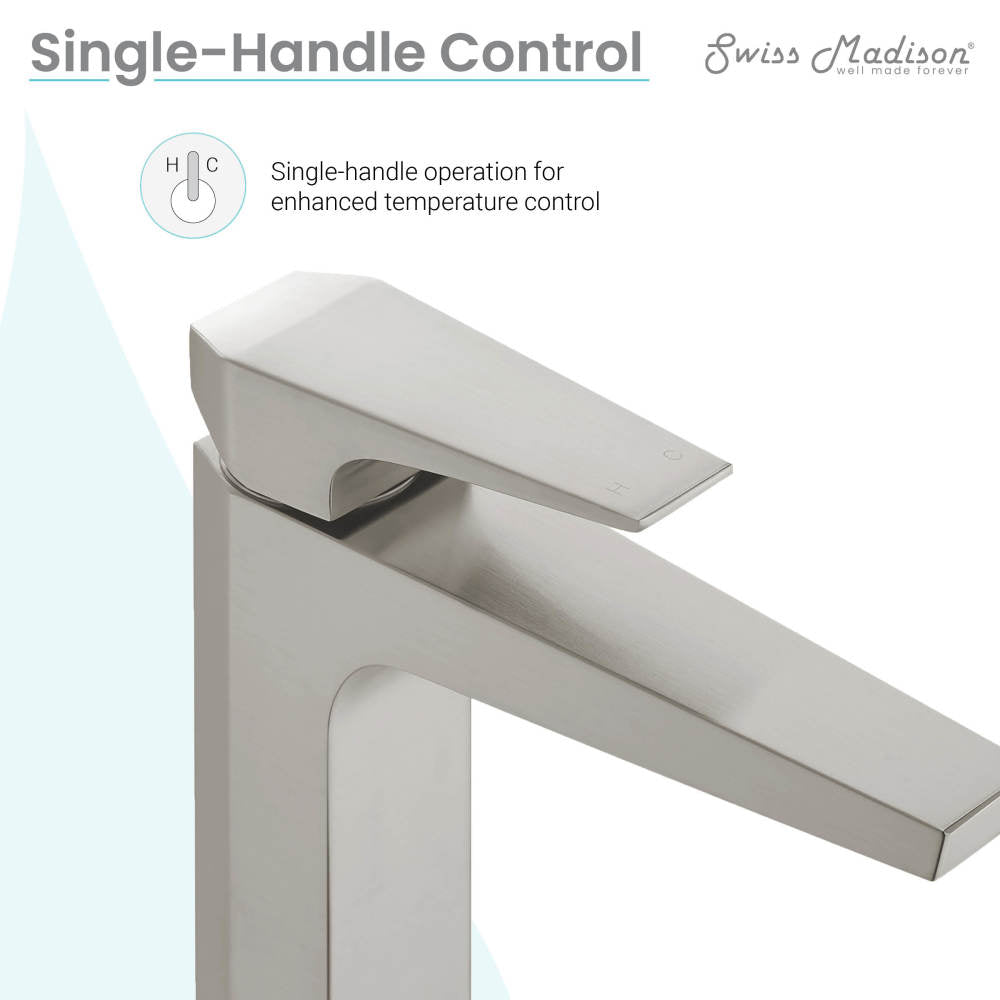 Single-handle high arc bathroom faucet in brushed nickel, Voltaire collection.