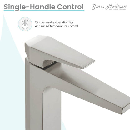 Single-handle high arc bathroom faucet in brushed nickel, Voltaire collection.