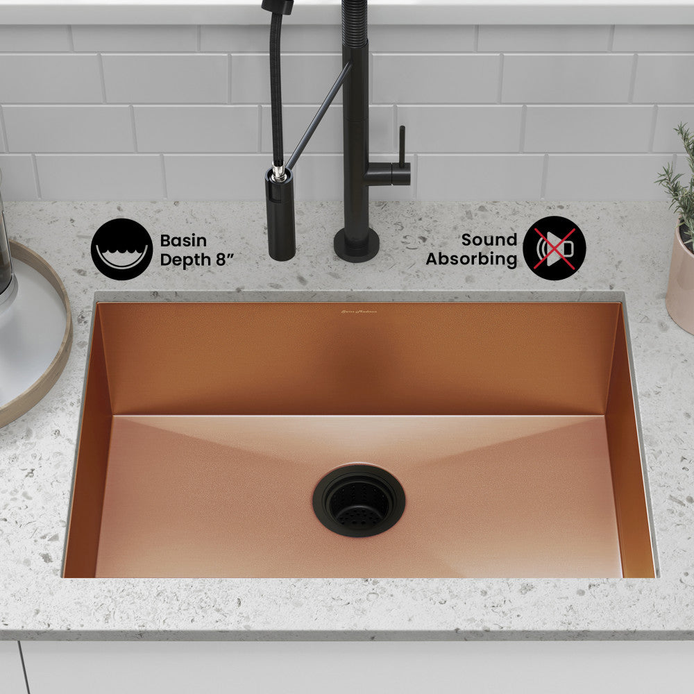 Tourner 26 x 18 Stainless Steel, Single Basin, Undermount Kitchen Sink, Rose Gold