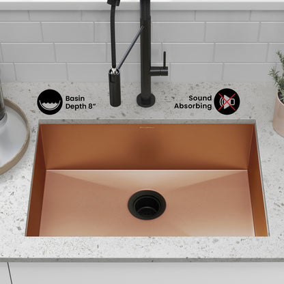 Tourner 26 x 18 Stainless Steel, Single Basin, Undermount Kitchen Sink, Rose Gold