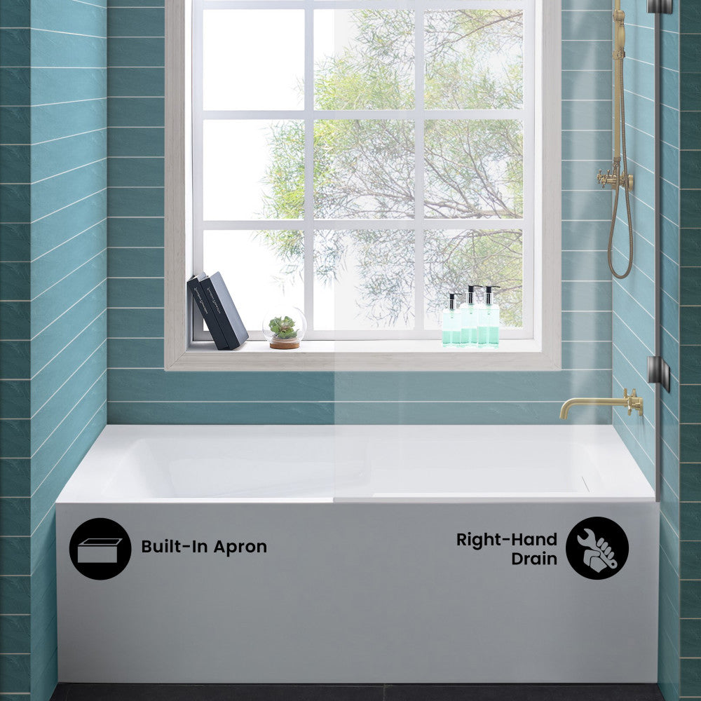 Voltaire 60 x 32 Skirted Right Drain Soaking Apron Bathtub in Glossy White with Integrated Overflow and Armrest, Drain Included
