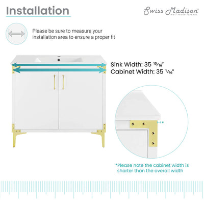 Voltaire 36" Single, Bathroom Vanity in White with Gold Hardware