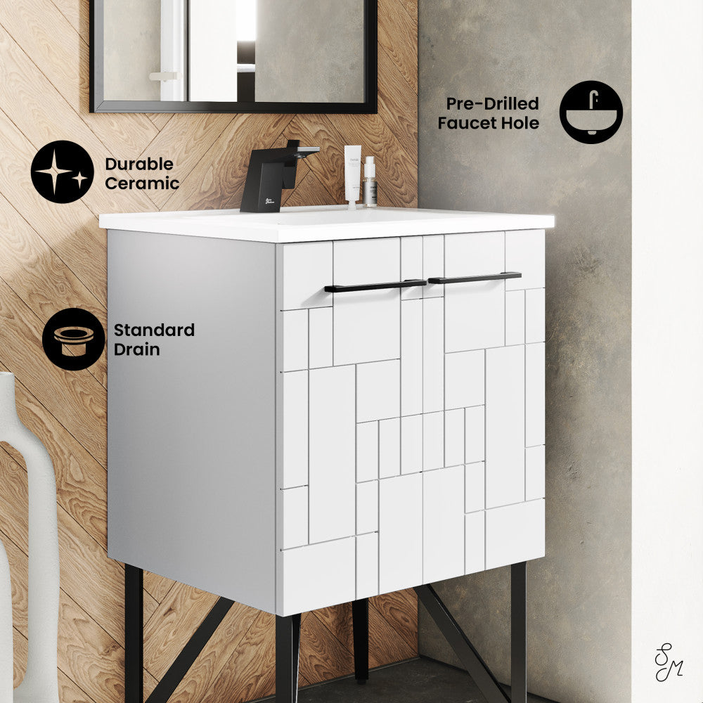 24-inch freestanding bathroom vanity in Mondrian white with single sink and soft-close doors.