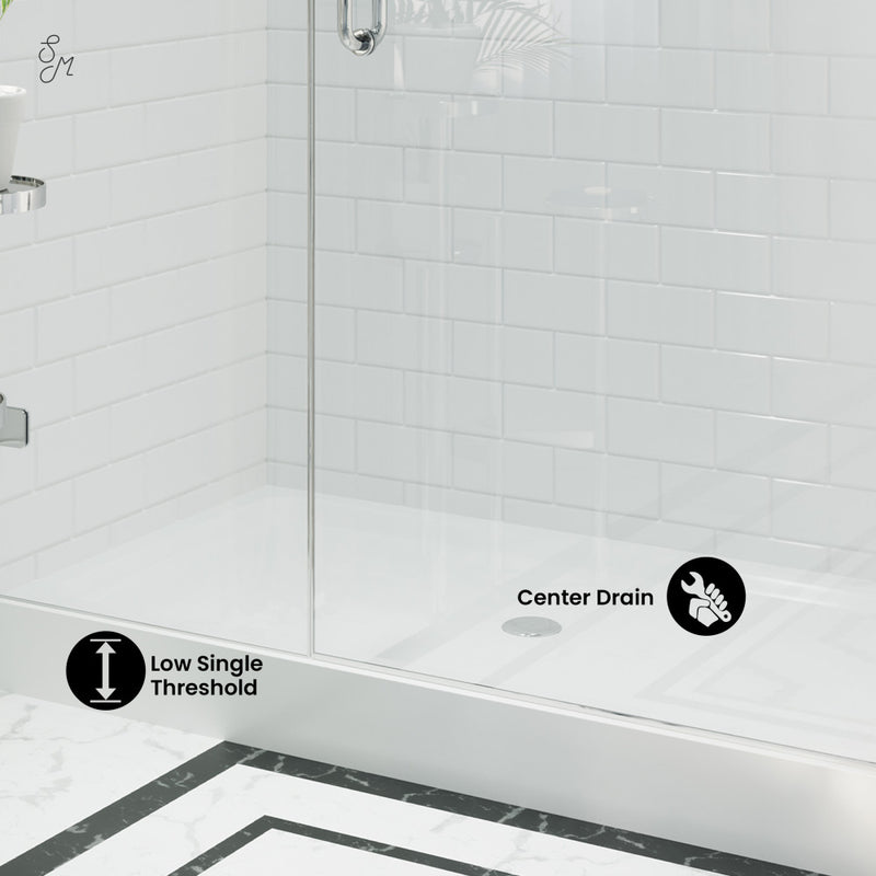 Voltaire 60" x 32" Acrylic White, Single-Threshold, Center Drain, Shower Base
