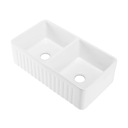 34" double basin ceramic farmhouse kitchen sink in glossy white, apron front design.
