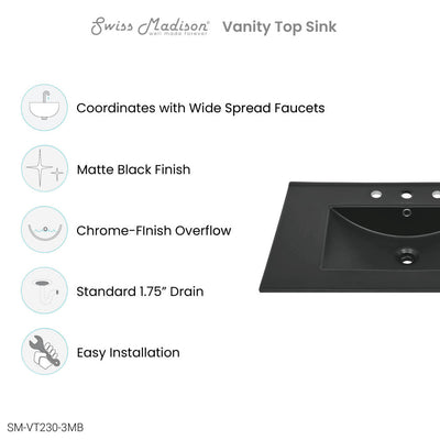 30" 3-Hole Widespread Vanity Sink Top in Matte Black