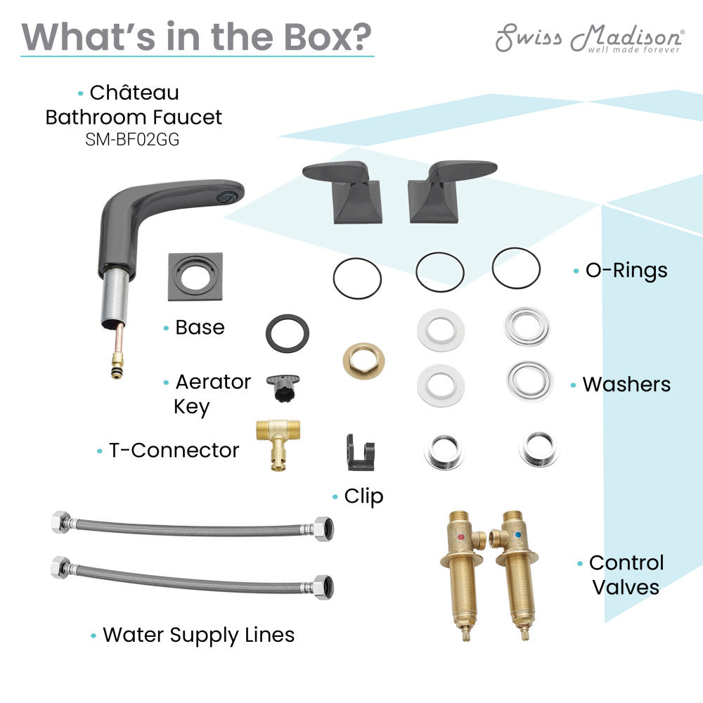 Widespread bathroom faucet in gunmetal gray, 2-handle design with curved spout and lever handles.