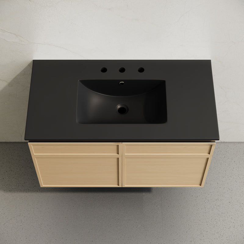 St. Tropez 36" Wall-Mounted Bathroom Vanity in Natural Oak with Black 3-Hole Widespread Sink Top