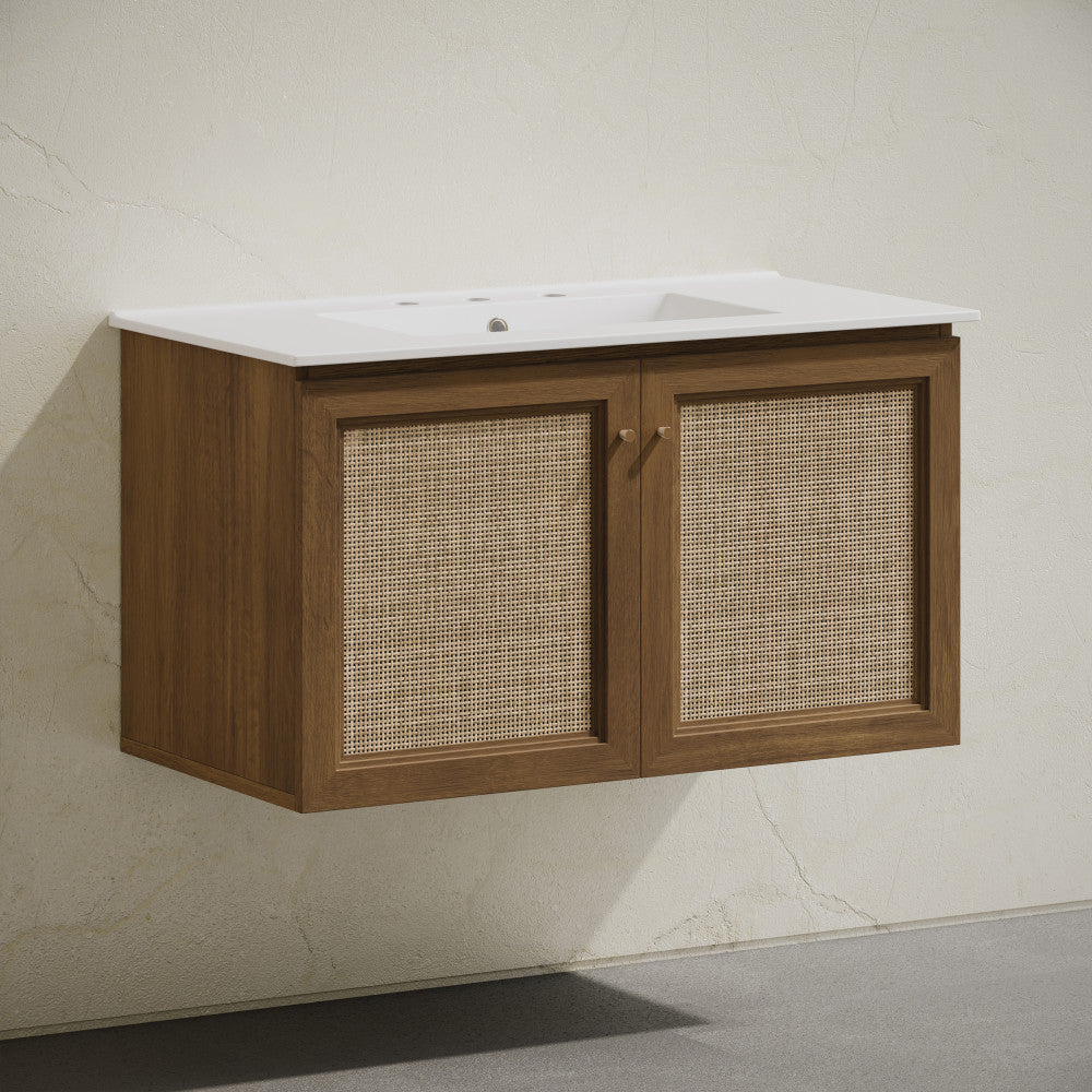 Classe 36" Wall-Mounted Bathroom Vanity in Brown Oak with Widespread Faucet Holes Vanity Top