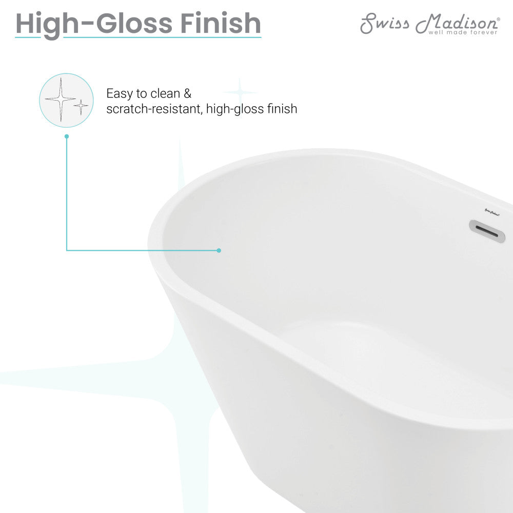 Freestanding soaking bathtub, 48 inch, high-gloss white finish, center drain.