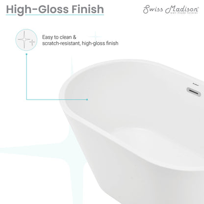 Freestanding soaking bathtub, 48 inch, high-gloss white finish, center drain.