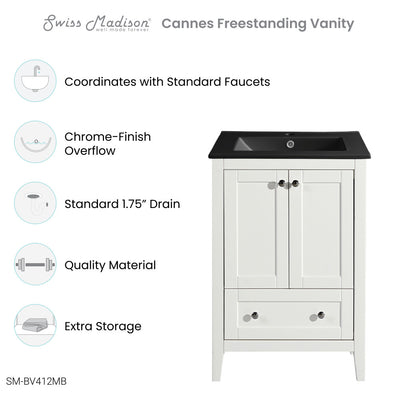 Cannes 24 in. White Bathroom Vanity With Black Ceramic Sink Top