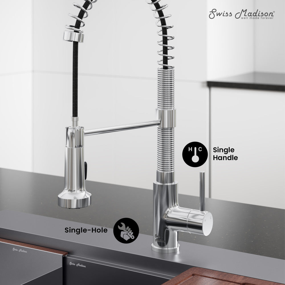 Single-handle pull-down kitchen faucet in chrome with flexible spring spout and ergonomic handle.