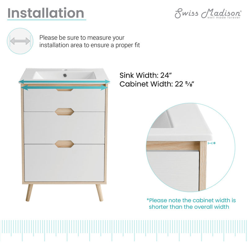 Brusque 24" Freestanding Bathroom Vanity in Natural Oak with Sink Top