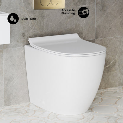St. Tropez Back-to-Wall Toilet Bundle 0.8/1.6 GPF Dual Flush in Glossy White with Brass Flush Plate
