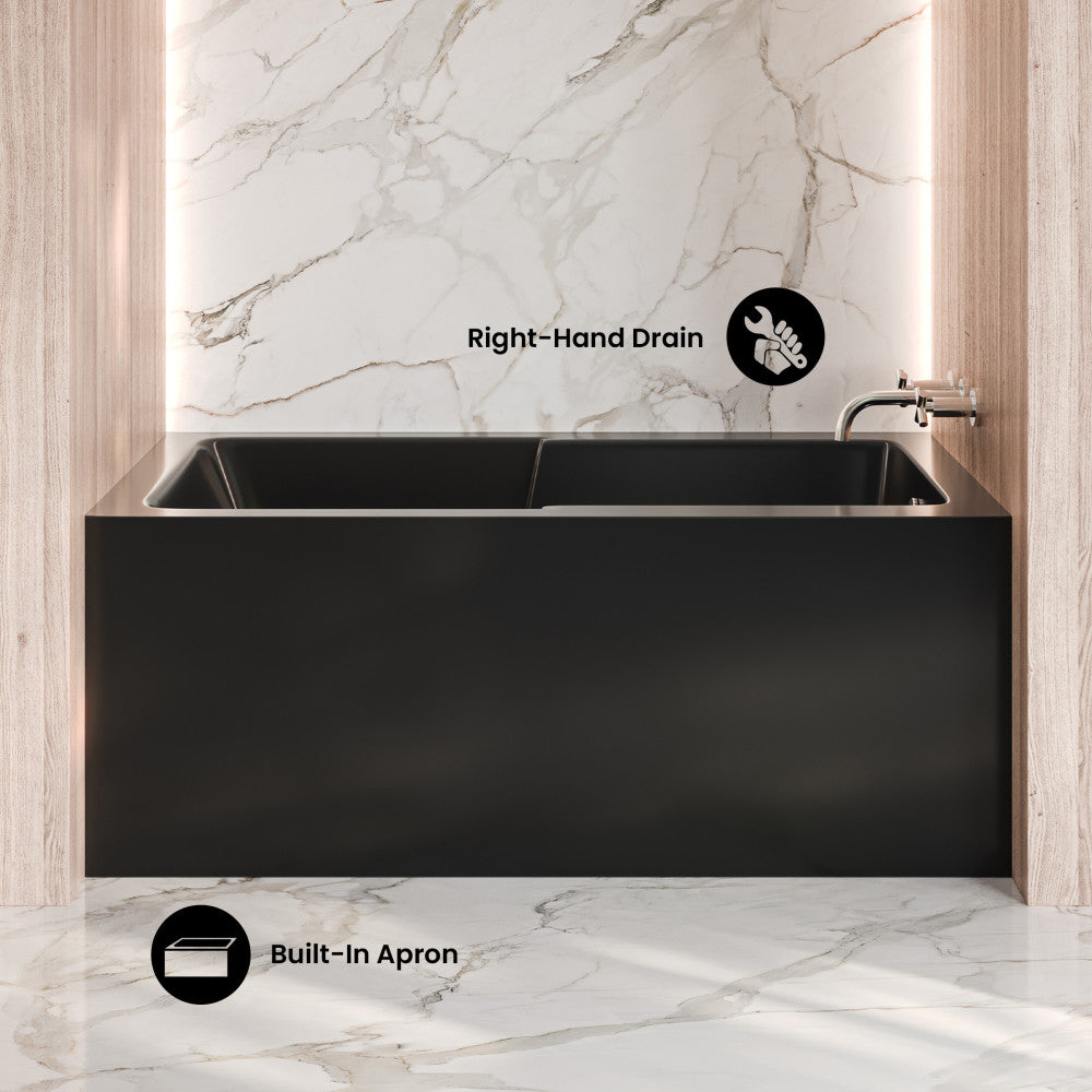 Voltaire 54 x 30 Skirted Right Drain Soaking Apron Bathtub in Glossy Black with Integrated Armrest