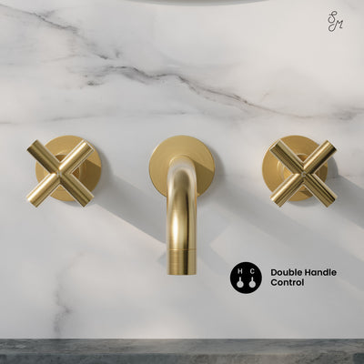 Ivy 8 in. Widespread Double Cross-Handle Wall Mount Bathroom Faucet in Brushed Gold