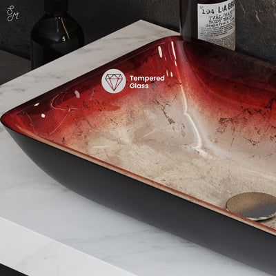 Cascade Rectangular Glass Vessel Sink with Faucet, Ember Red