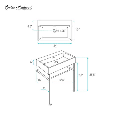 Claire 24" Rectangle Matte Black Zero Hole Console Sink with Matte White Legs