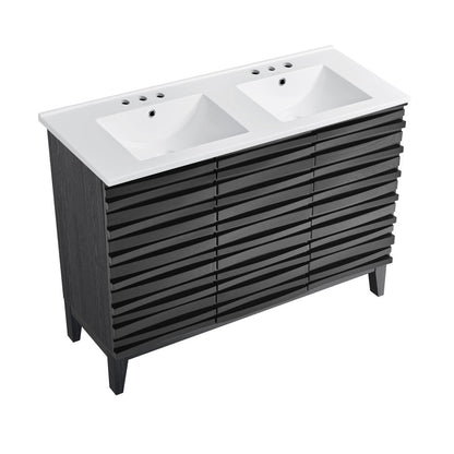 Cascade 48 in. Black Oak, Double Basin Bathroom Vanity With White, 3-Hole Centerset Ceramic Sink Top