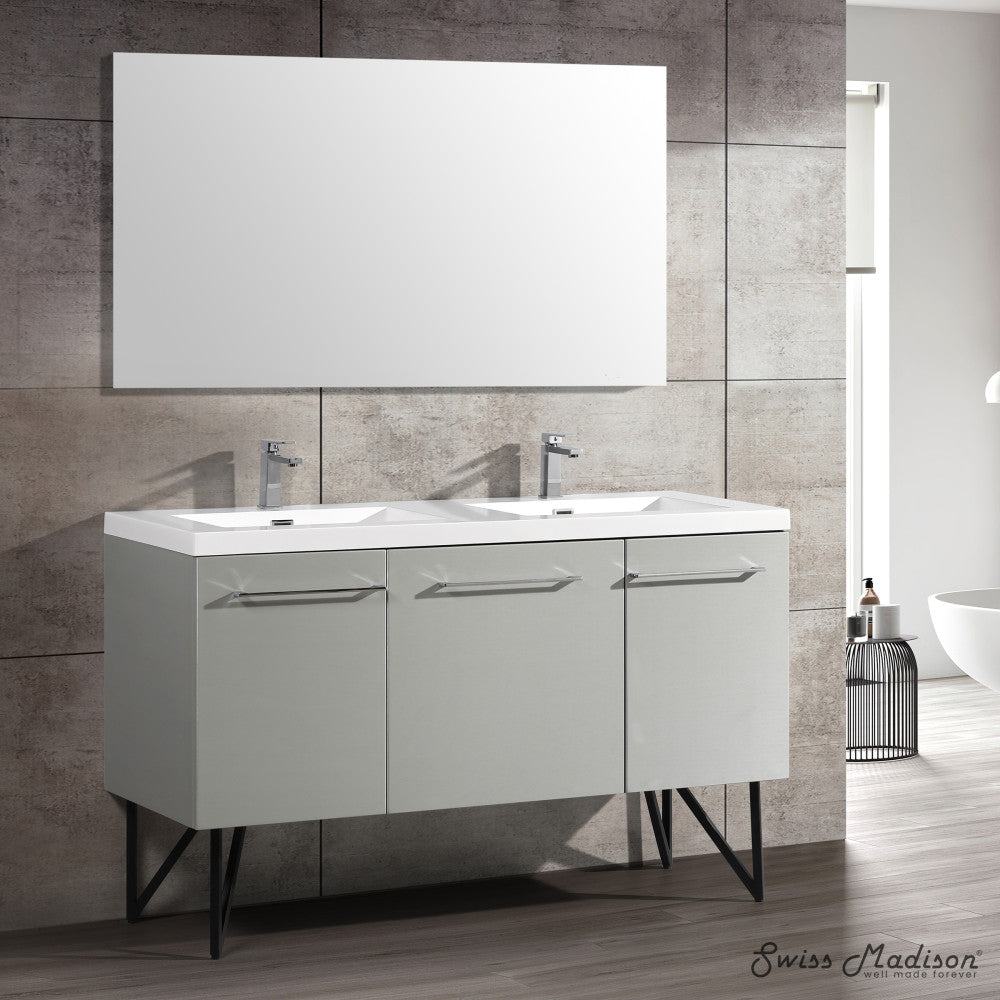 60-inch freestanding gray bathroom vanity with single white sink top and soft-close doors.