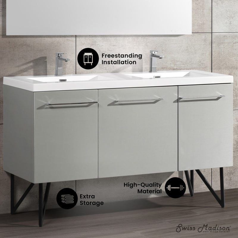 Annecy 60" Freestanding Bathroom Vanity in Gray with Sink Top