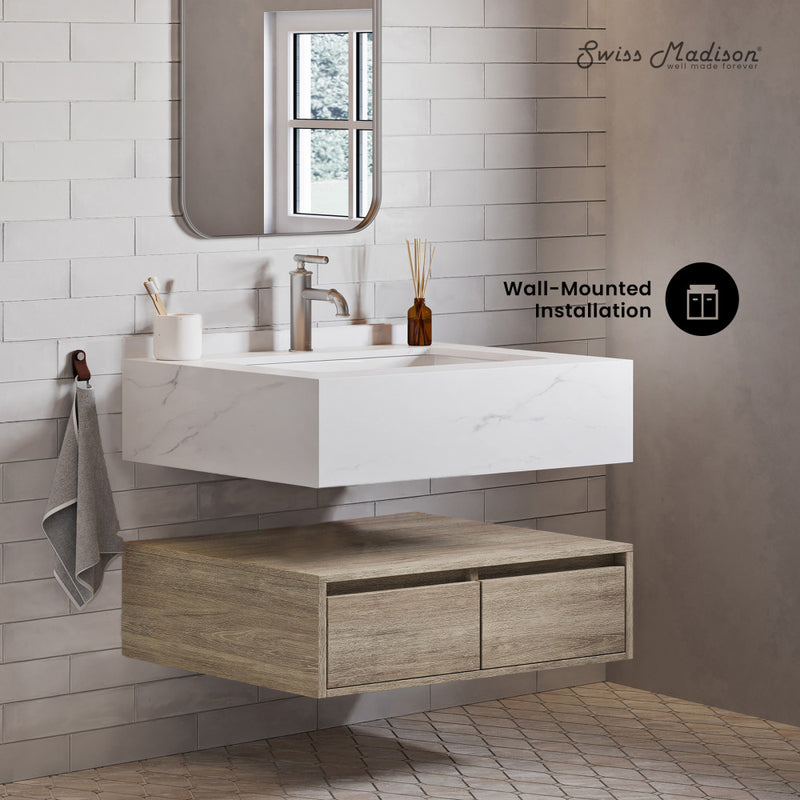 Avancer 36" Wall-Mounted Bathroom Vanity in Weathered Oak with Sink Top