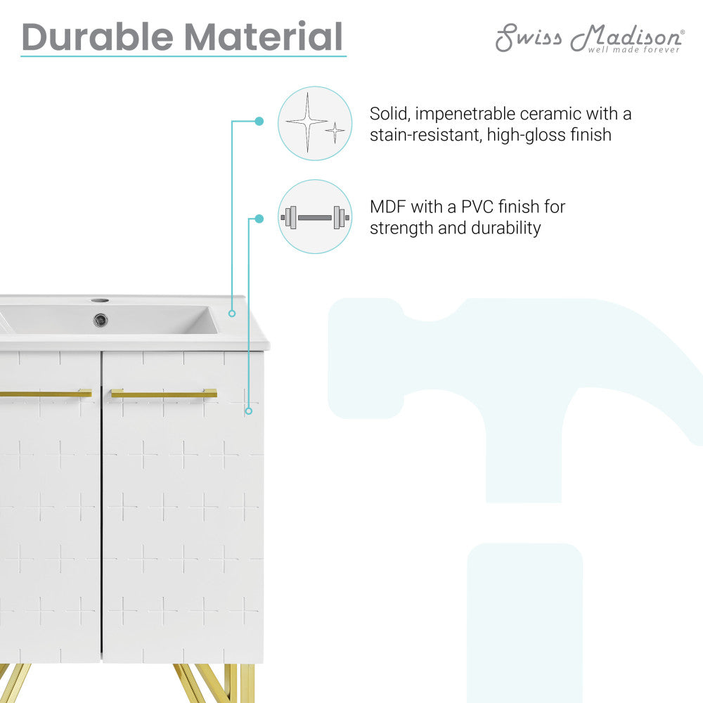 24-inch freestanding bathroom vanity in galaxy white with single sink and gold handles.