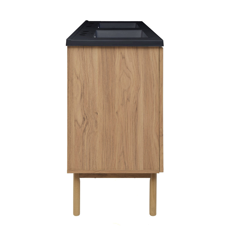 Classe 60" Freestanding Bathroom Vanity in Golden Oak with Black 3-Hole Widespread Double Basin Sink Top