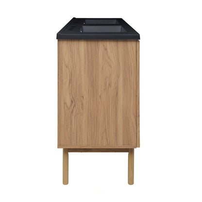 Classe 60" Freestanding Bathroom Vanity in Golden Oak with Black 3-Hole Widespread Double Basin Sink Top