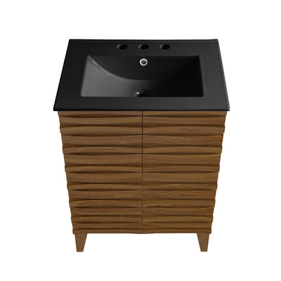 Cascade 24 in. Brown Oak Bathroom Vanity With Black, 3-Hole Ceramic Sink Top