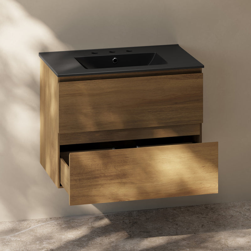 Liberte 30" Wall-Mounted Bathroom Vanity in Brown Oak with Black 3-Hole Widespread Sink Top