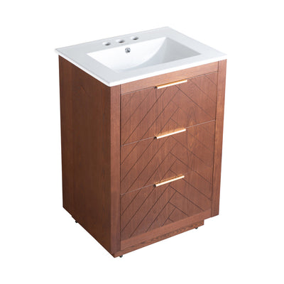 Daxton 24 in. Brown Walnut Bathroom Vanity With White, 3-Hole Ceramic Sink Top