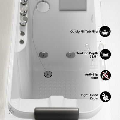 Auvergne 53" x 27" ADA Right Drain Walk-in Soaking Bathtub with Massage Jets in Glossy White, Faucet Set, Drain, Grab Bars, Pillow Included